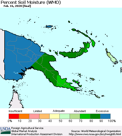 Papua New Guinea Percent Soil Moisture (WMO) Thematic Map For 2/10/2020 - 2/16/2020