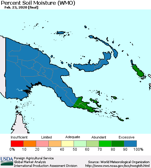 Papua New Guinea Percent Soil Moisture (WMO) Thematic Map For 2/17/2020 - 2/23/2020