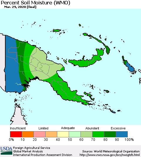 Papua New Guinea Percent Soil Moisture (WMO) Thematic Map For 3/23/2020 - 3/29/2020