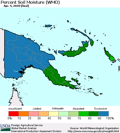 Papua New Guinea Percent Soil Moisture (WMO) Thematic Map For 3/30/2020 - 4/5/2020