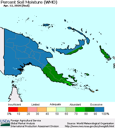 Papua New Guinea Percent Soil Moisture (WMO) Thematic Map For 4/6/2020 - 4/12/2020