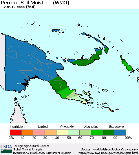 Papua New Guinea Percent Soil Moisture (WMO) Thematic Map For 4/13/2020 - 4/19/2020