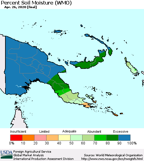 Papua New Guinea Percent Soil Moisture (WMO) Thematic Map For 4/20/2020 - 4/26/2020