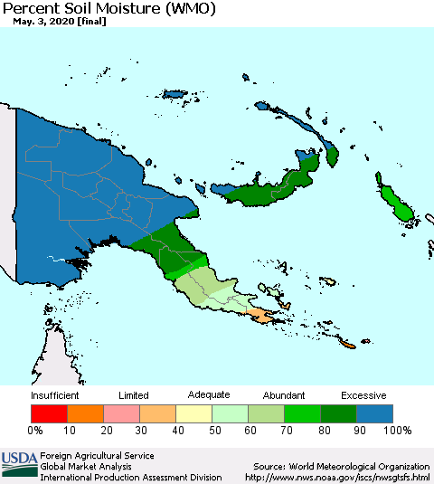 Papua New Guinea Percent Soil Moisture (WMO) Thematic Map For 4/27/2020 - 5/3/2020