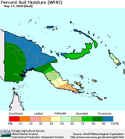 Papua New Guinea Percent Soil Moisture (WMO) Thematic Map For 5/11/2020 - 5/17/2020