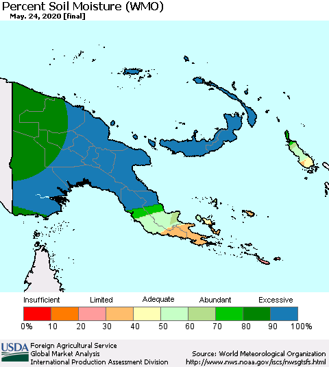 Papua New Guinea Percent Soil Moisture (WMO) Thematic Map For 5/18/2020 - 5/24/2020
