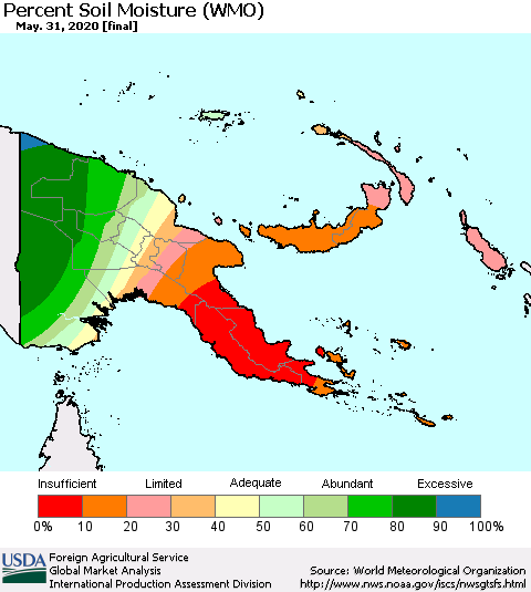 Papua New Guinea Percent Soil Moisture (WMO) Thematic Map For 5/25/2020 - 5/31/2020