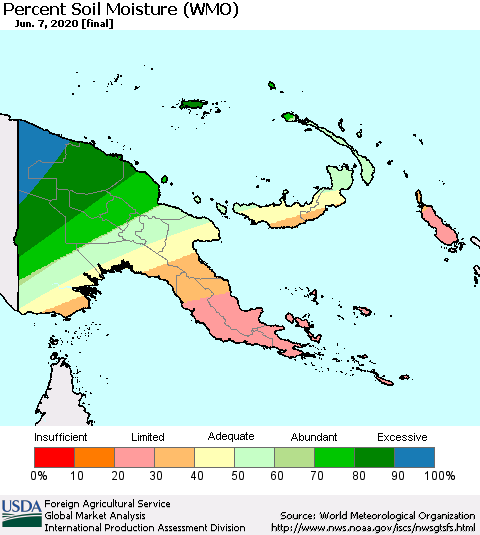 Papua New Guinea Percent Soil Moisture (WMO) Thematic Map For 6/1/2020 - 6/7/2020