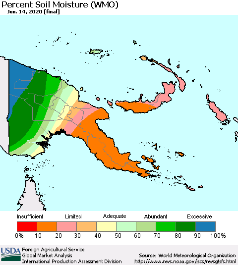 Papua New Guinea Percent Soil Moisture (WMO) Thematic Map For 6/8/2020 - 6/14/2020