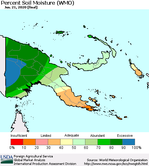 Papua New Guinea Percent Soil Moisture (WMO) Thematic Map For 6/15/2020 - 6/21/2020
