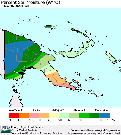 Papua New Guinea Percent Soil Moisture (WMO) Thematic Map For 6/22/2020 - 6/28/2020