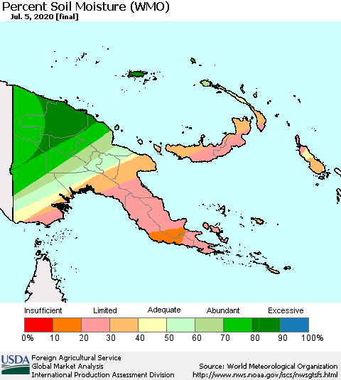 Papua New Guinea Percent Soil Moisture (WMO) Thematic Map For 6/29/2020 - 7/5/2020