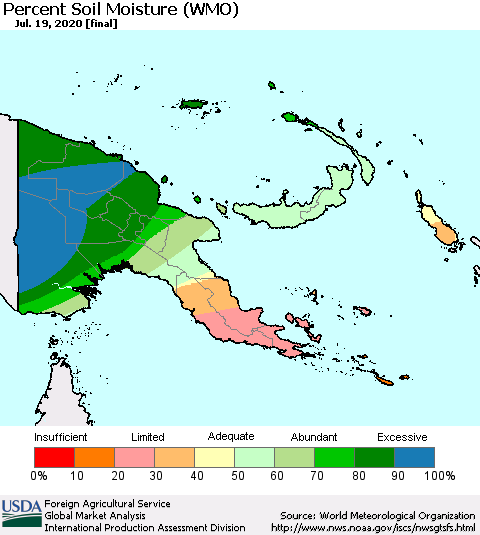 Papua New Guinea Percent Soil Moisture (WMO) Thematic Map For 7/13/2020 - 7/19/2020