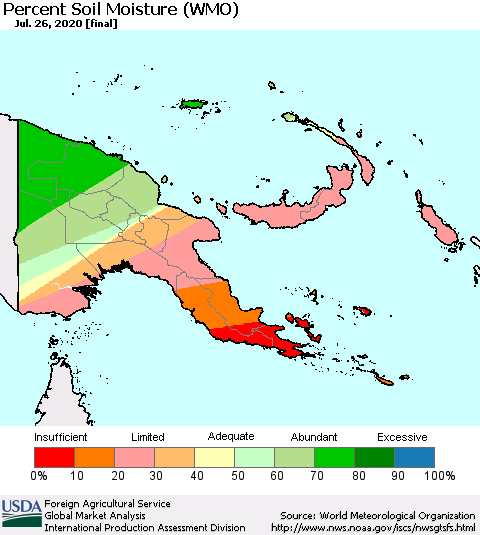 Papua New Guinea Percent Soil Moisture (WMO) Thematic Map For 7/20/2020 - 7/26/2020