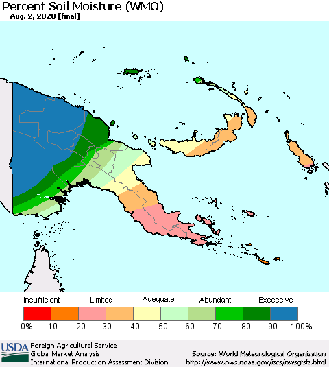 Papua New Guinea Percent Soil Moisture (WMO) Thematic Map For 7/27/2020 - 8/2/2020