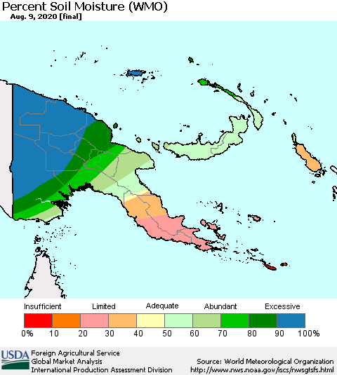 Papua New Guinea Percent Soil Moisture (WMO) Thematic Map For 8/3/2020 - 8/9/2020