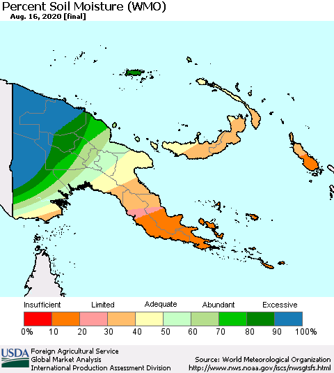 Papua New Guinea Percent Soil Moisture (WMO) Thematic Map For 8/10/2020 - 8/16/2020