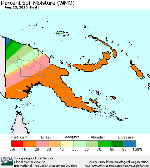 Papua New Guinea Percent Soil Moisture (WMO) Thematic Map For 8/17/2020 - 8/23/2020