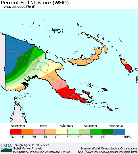 Papua New Guinea Percent Soil Moisture (WMO) Thematic Map For 8/24/2020 - 8/30/2020