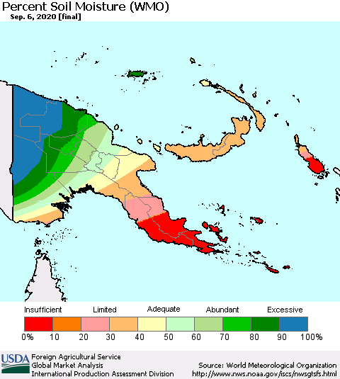 Papua New Guinea Percent Soil Moisture (WMO) Thematic Map For 8/31/2020 - 9/6/2020