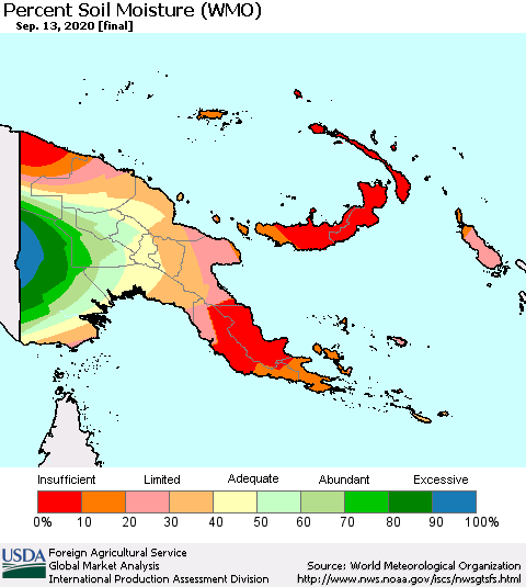 Papua New Guinea Percent Soil Moisture (WMO) Thematic Map For 9/7/2020 - 9/13/2020