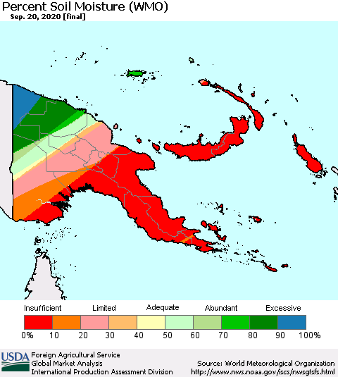 Papua New Guinea Percent Soil Moisture (WMO) Thematic Map For 9/14/2020 - 9/20/2020