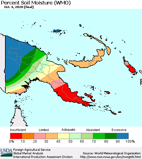 Papua New Guinea Percent Soil Moisture (WMO) Thematic Map For 9/28/2020 - 10/4/2020