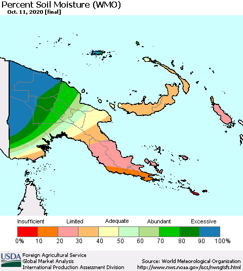 Papua New Guinea Percent Soil Moisture (WMO) Thematic Map For 10/5/2020 - 10/11/2020