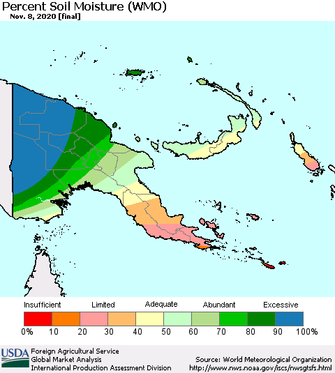 Papua New Guinea Percent Soil Moisture (WMO) Thematic Map For 11/2/2020 - 11/8/2020