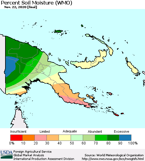 Papua New Guinea Percent Soil Moisture (WMO) Thematic Map For 11/16/2020 - 11/22/2020