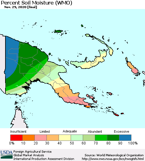 Papua New Guinea Percent Soil Moisture (WMO) Thematic Map For 11/23/2020 - 11/29/2020