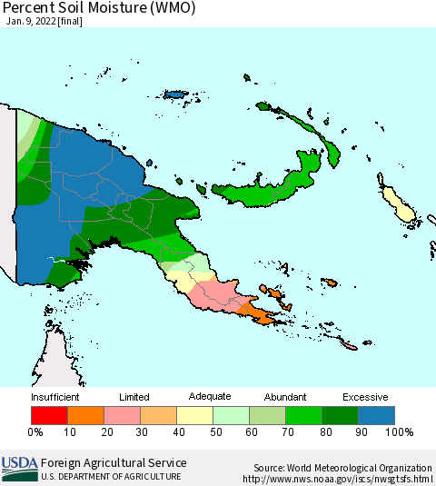 Papua New Guinea Percent Soil Moisture (WMO) Thematic Map For 1/3/2022 - 1/9/2022