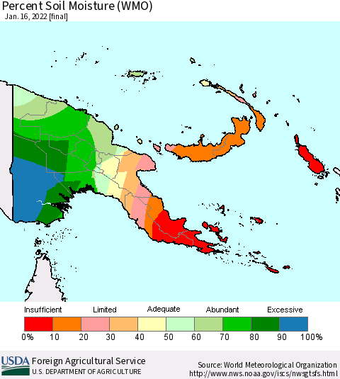 Papua New Guinea Percent Soil Moisture (WMO) Thematic Map For 1/10/2022 - 1/16/2022