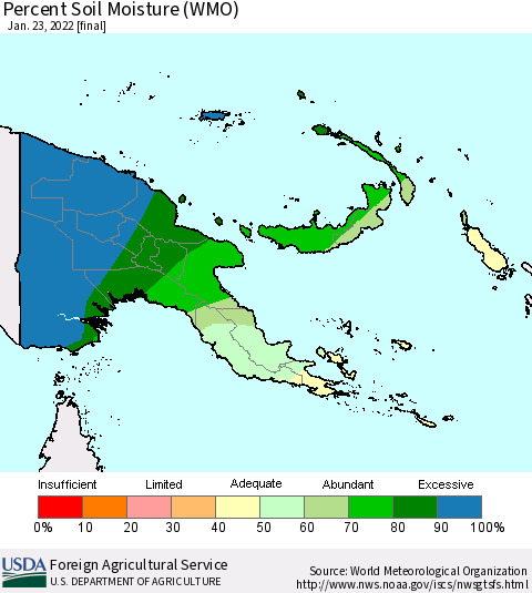 Papua New Guinea Percent Soil Moisture (WMO) Thematic Map For 1/17/2022 - 1/23/2022