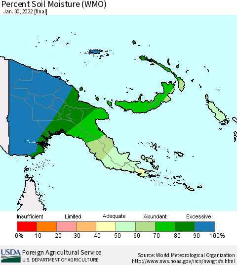 Papua New Guinea Percent Soil Moisture (WMO) Thematic Map For 1/24/2022 - 1/30/2022