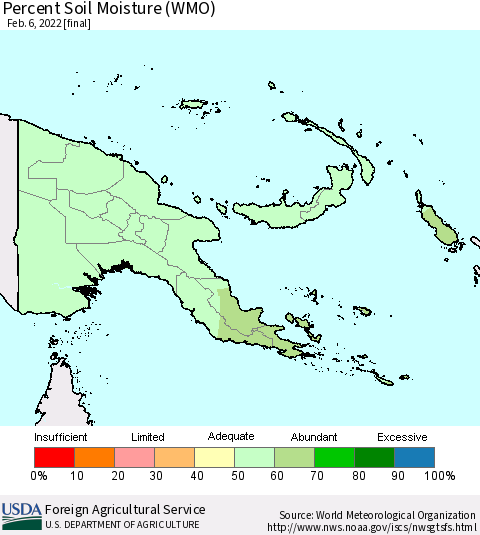 Papua New Guinea Percent Soil Moisture (WMO) Thematic Map For 1/31/2022 - 2/6/2022
