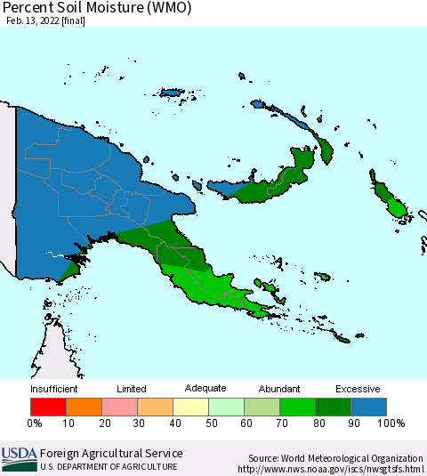 Papua New Guinea Percent Soil Moisture (WMO) Thematic Map For 2/7/2022 - 2/13/2022