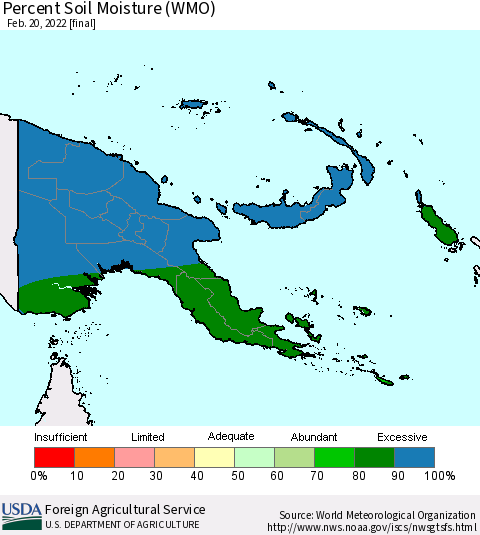 Papua New Guinea Percent Soil Moisture (WMO) Thematic Map For 2/14/2022 - 2/20/2022