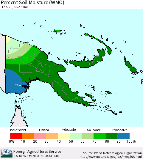 Papua New Guinea Percent Soil Moisture (WMO) Thematic Map For 2/21/2022 - 2/27/2022