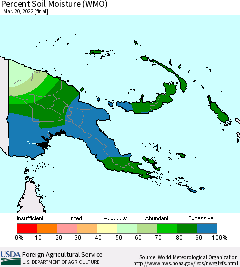 Papua New Guinea Percent Soil Moisture (WMO) Thematic Map For 3/14/2022 - 3/20/2022