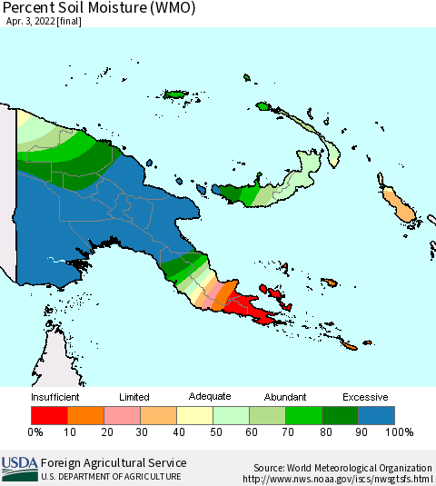 Papua New Guinea Percent Soil Moisture (WMO) Thematic Map For 3/28/2022 - 4/3/2022