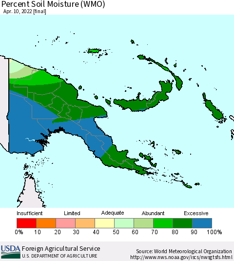 Papua New Guinea Percent Soil Moisture (WMO) Thematic Map For 4/4/2022 - 4/10/2022