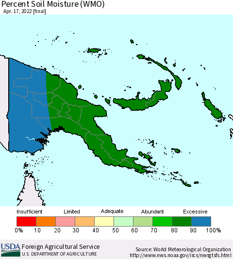 Papua New Guinea Percent Soil Moisture (WMO) Thematic Map For 4/11/2022 - 4/17/2022