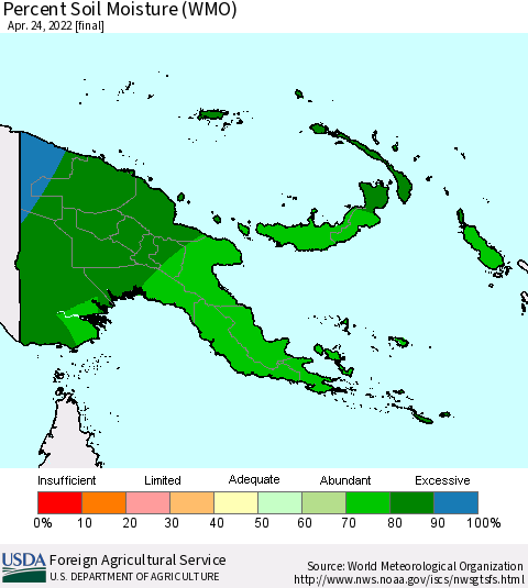 Papua New Guinea Percent Soil Moisture (WMO) Thematic Map For 4/18/2022 - 4/24/2022