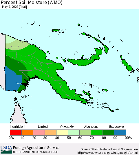 Papua New Guinea Percent Soil Moisture (WMO) Thematic Map For 4/25/2022 - 5/1/2022
