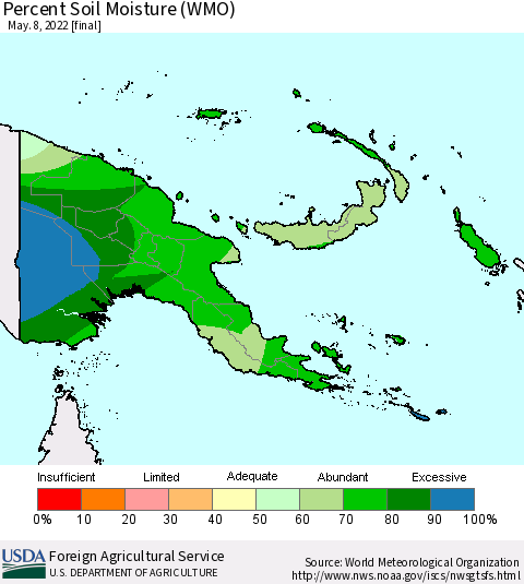Papua New Guinea Percent Soil Moisture (WMO) Thematic Map For 5/2/2022 - 5/8/2022