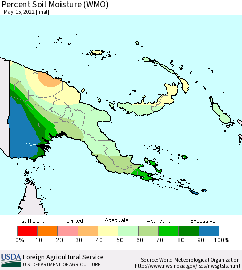 Papua New Guinea Percent Soil Moisture (WMO) Thematic Map For 5/9/2022 - 5/15/2022