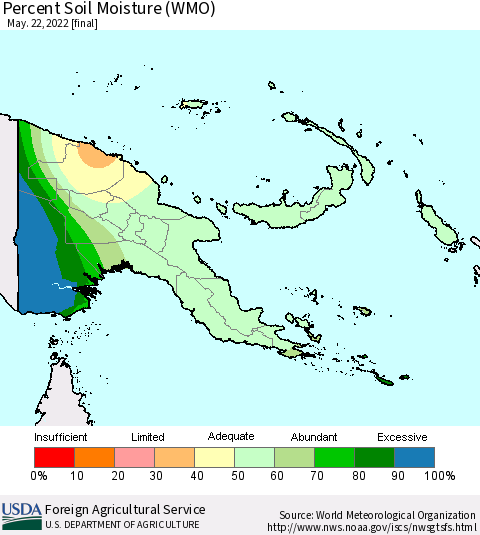 Papua New Guinea Percent Soil Moisture (WMO) Thematic Map For 5/16/2022 - 5/22/2022