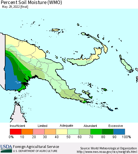 Papua New Guinea Percent Soil Moisture (WMO) Thematic Map For 5/23/2022 - 5/29/2022