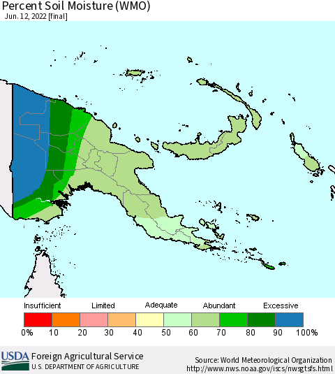 Papua New Guinea Percent Soil Moisture (WMO) Thematic Map For 6/6/2022 - 6/12/2022